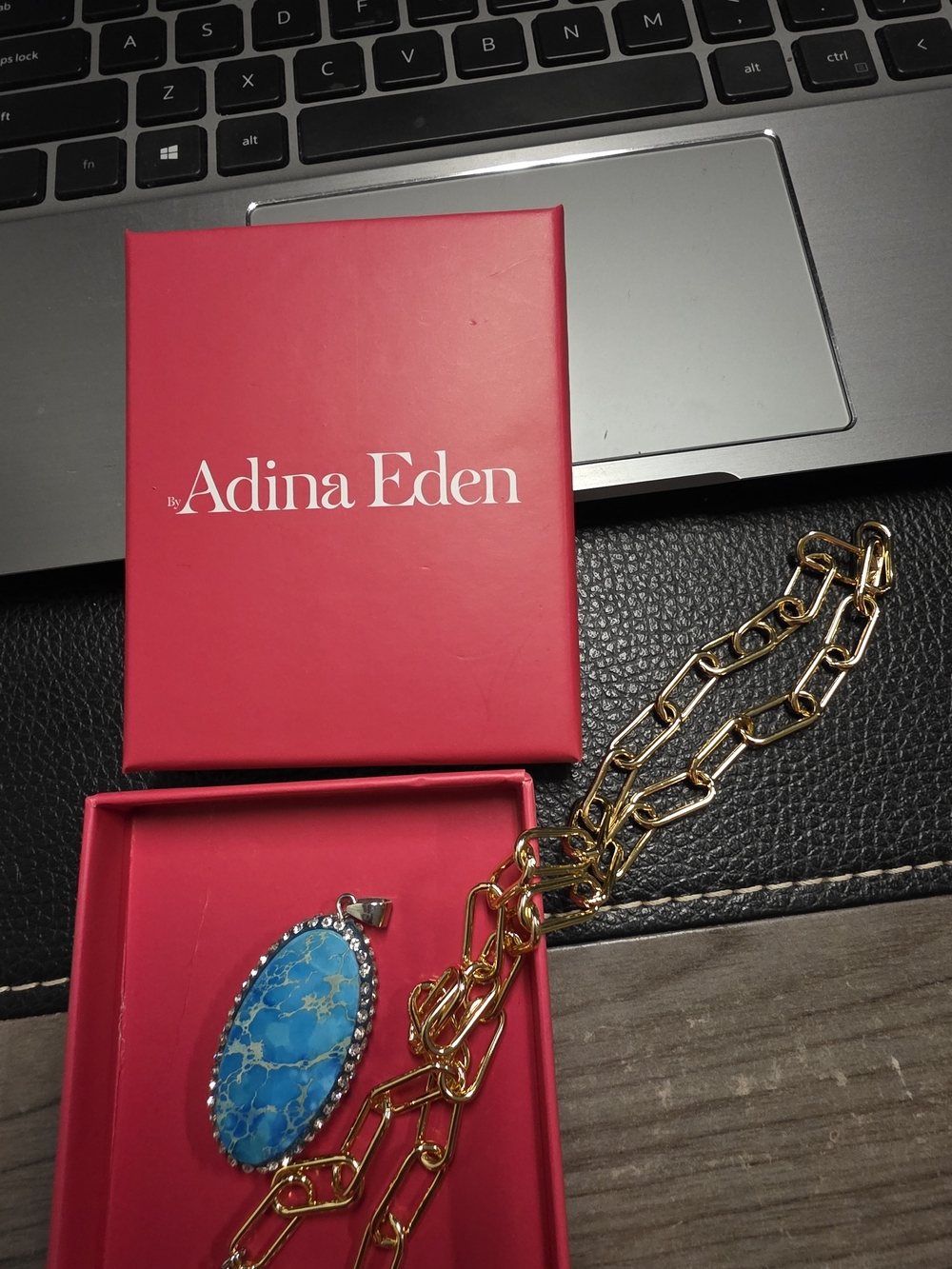 Adina Eden Pavé Turquoise Oval Pendant Paperclip Necklace Gold Tone Brass NIB
